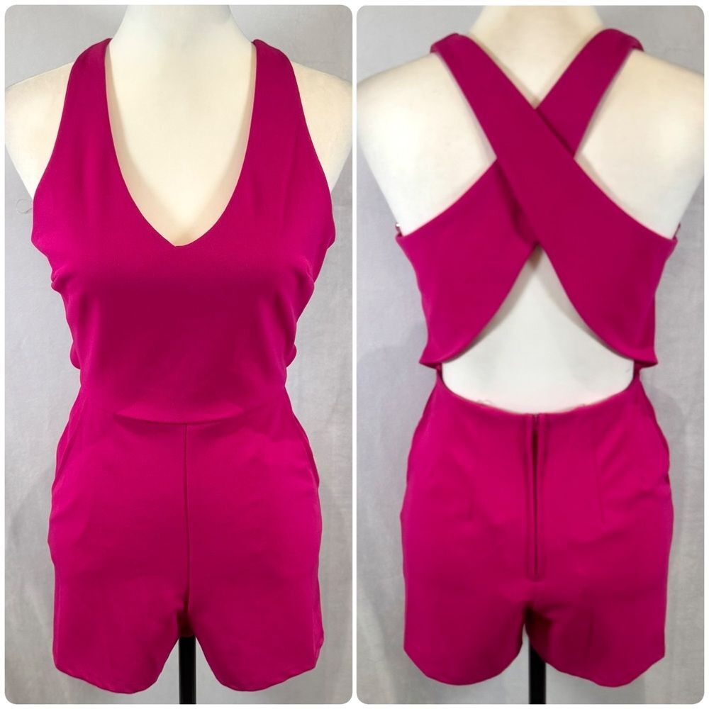 Crystal Sky pink cross open back romper with pockets size small NWOT